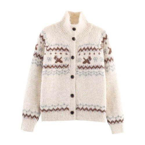 Knit Cardigan - Jacquard Stand Collar, Casual Chic KUN-00132