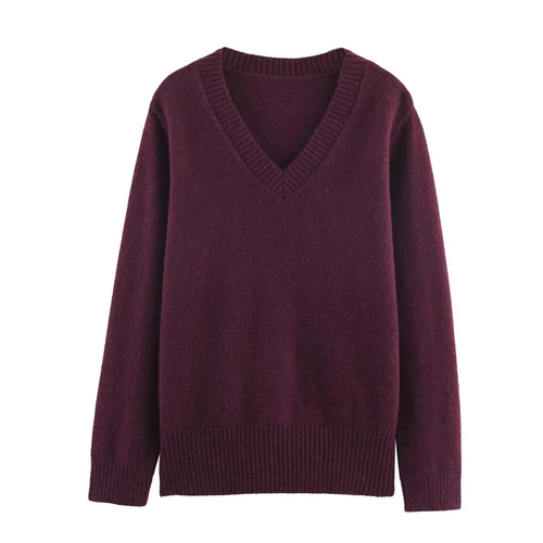 Knit V-Neck Top - European Style Casual Sweater KUN-00043