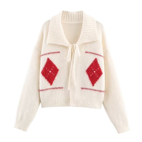 Knit Cardigan Sweater Jacquard Tie-Up KUN-00075