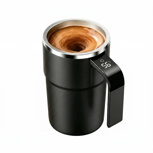 Smart Self-Stirring Coffee Mug with Digital Temperature Display, 304 Stainless Steel, IP67 Waterproof, Type-C Rechargeable Portable Auto Magnetic Mixing Cup