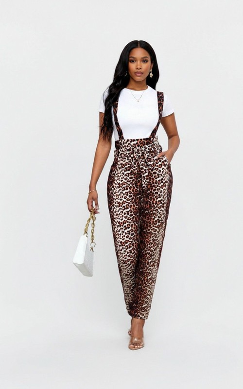 Brown Leopard Print Ant Cloth Digital Printing Party Style Jumpsuits L GWC-00007