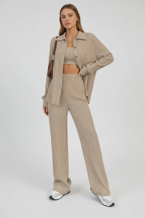 Women's Wear Fashion Textured Long-Sleeve Blouse, Bandeau, and Pants Three-Piece Set GWC-00010