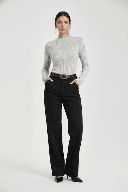 Maglia a maniche lunghe da donna a coste elasticizzate, vestibilità slim, modello GWC-00016