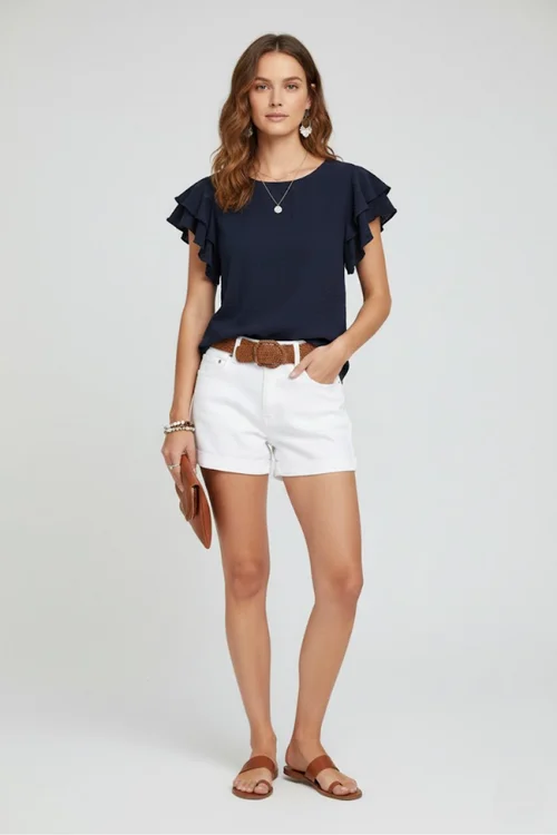 Dames casual comfortabel T-shirt met V-hals, verlaagde schouders en ruchesmouwen GWC-00003