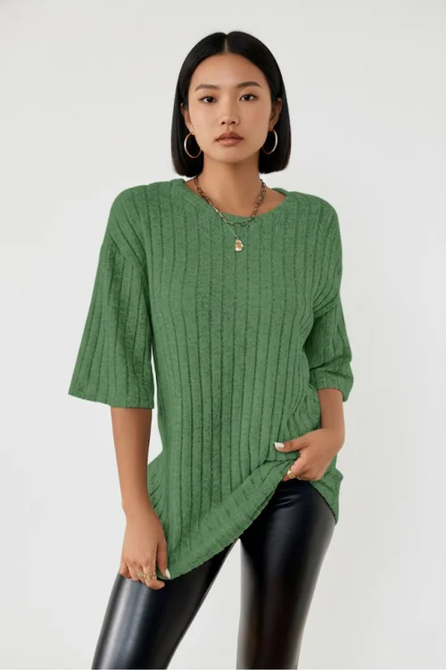 Top da donna in maglia a coste spazzolate, vestibilità ampia, maniche corte/medie, modello GWC-00013