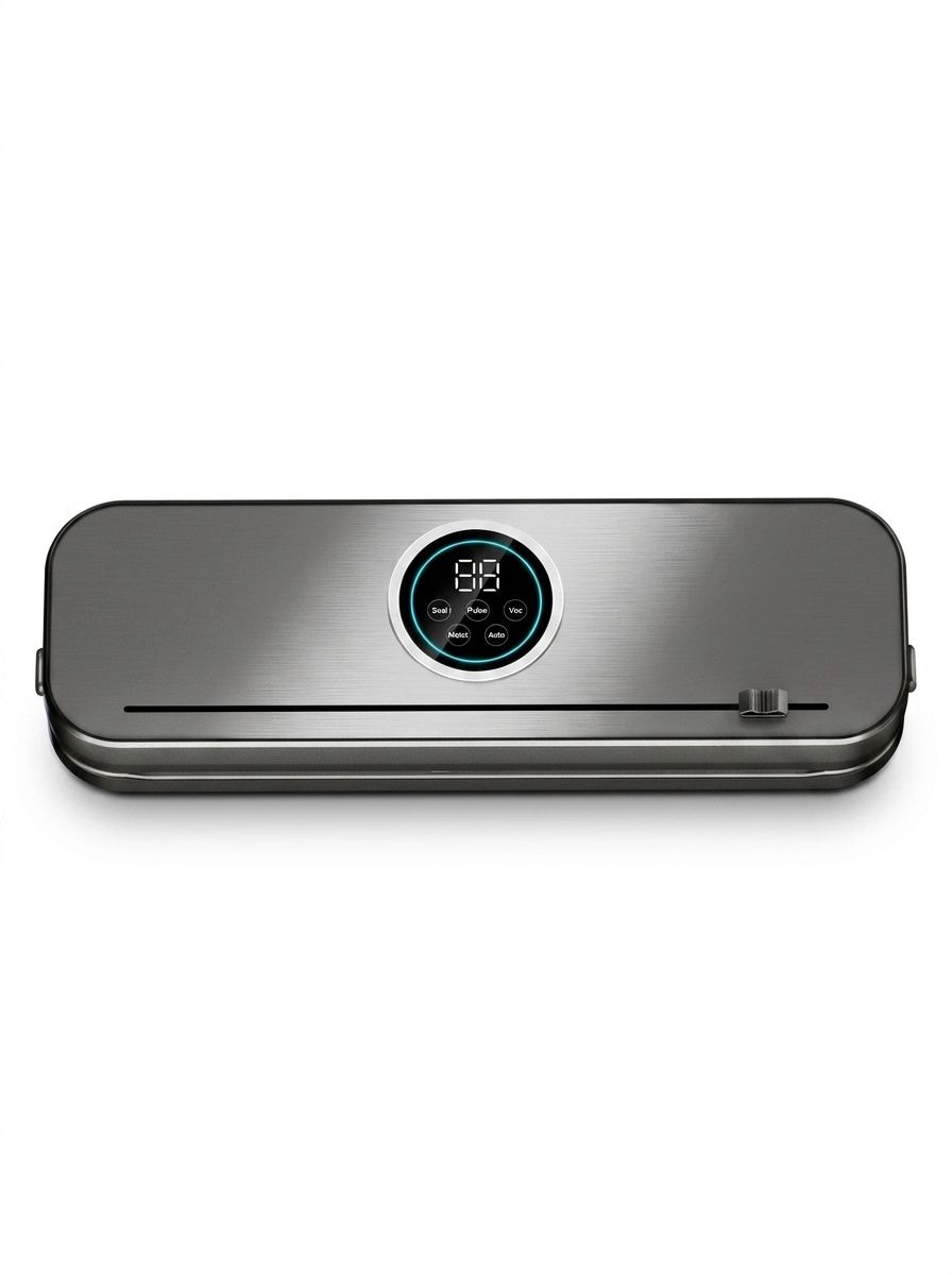 Macchina automatica per il sottovuoto degli alimenti, pannello in acciaio inox, comandi digitali, potente aspirazione, conservante per alimenti con diverse modalità per alimenti secchi e umidi.