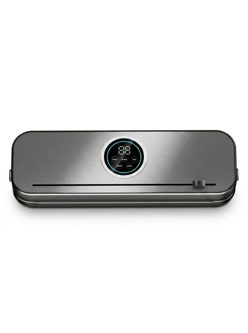Macchina automatica per il sottovuoto degli alimenti, pannello in acciaio inox, comandi digitali, potente aspirazione, conservante per alimenti con diverse modalità per alimenti secchi e umidi.