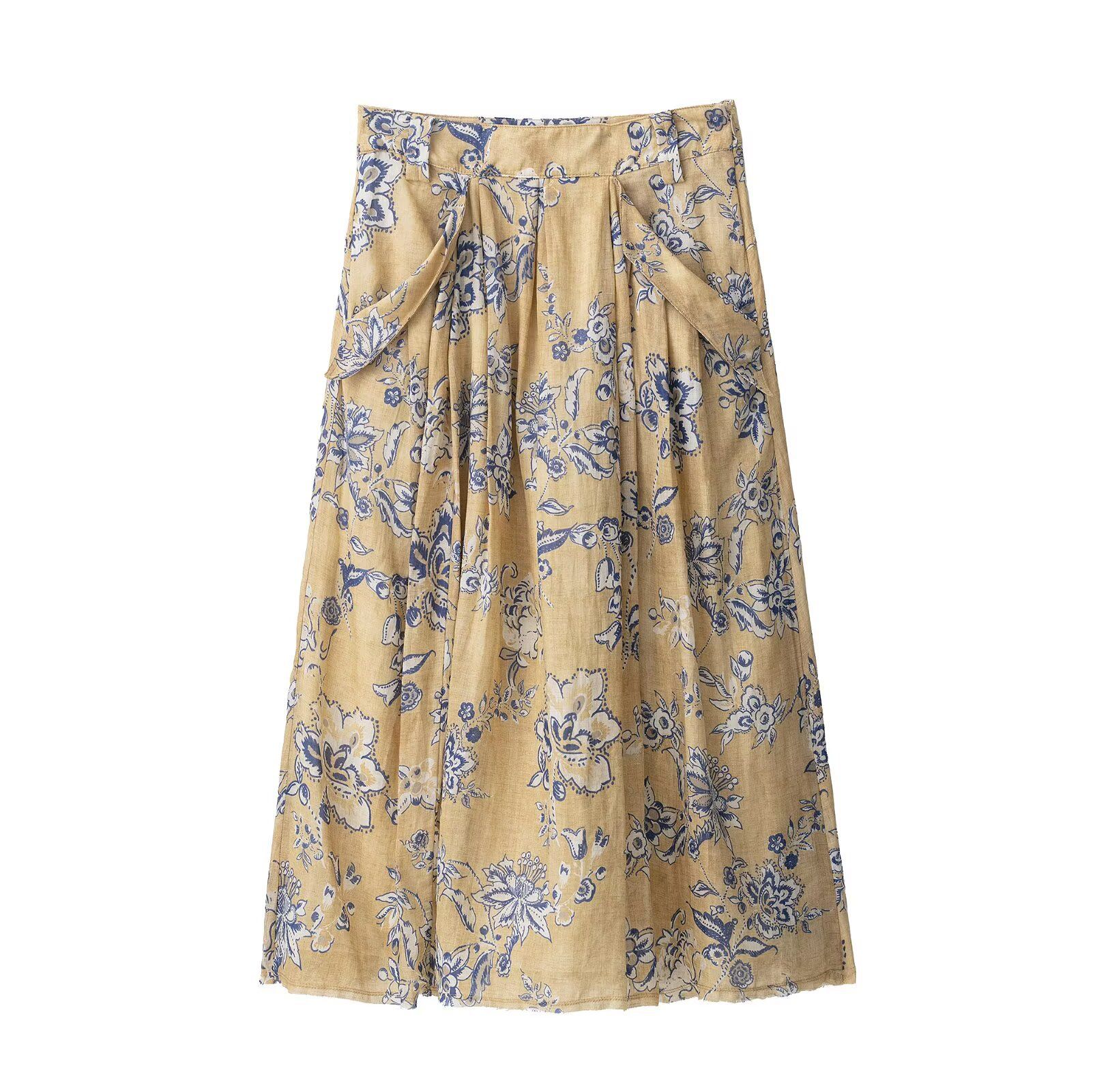 Linen Floral Print Midi Skirt KUN-00024