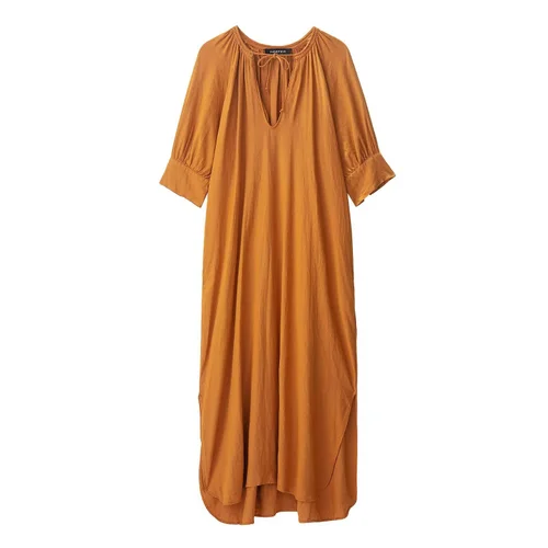 Vestido de lino estilo camisa Maxi vestido KUN-00032