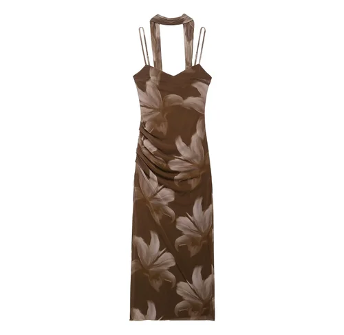 Silk Midi Dress - Women's Floral Print Scarf Style KUN-00156