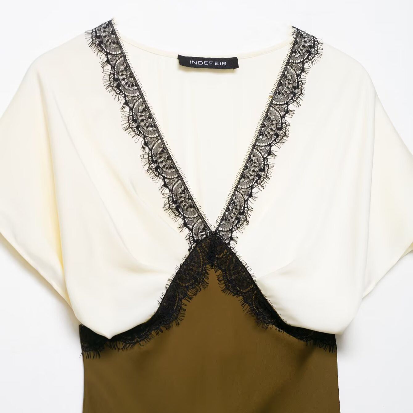 Silk Midi Dress Contrast Lace Trim KUN-00023