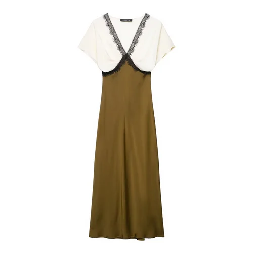 Vestido midi de seda con ribete de encaje en contraste KUN-00023