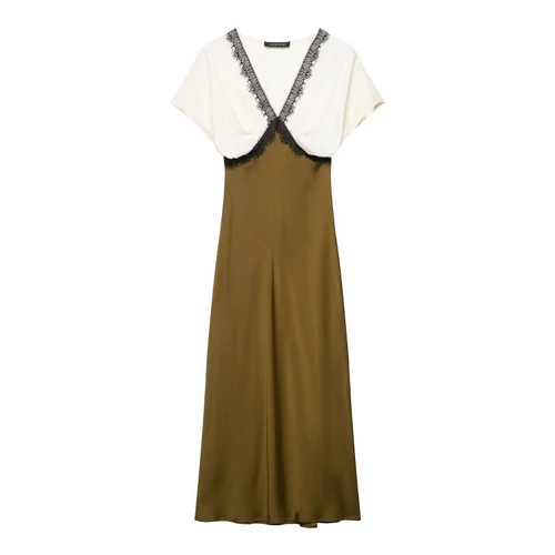 Silk Midi Dress Contrast Lace Trim KUN-00023