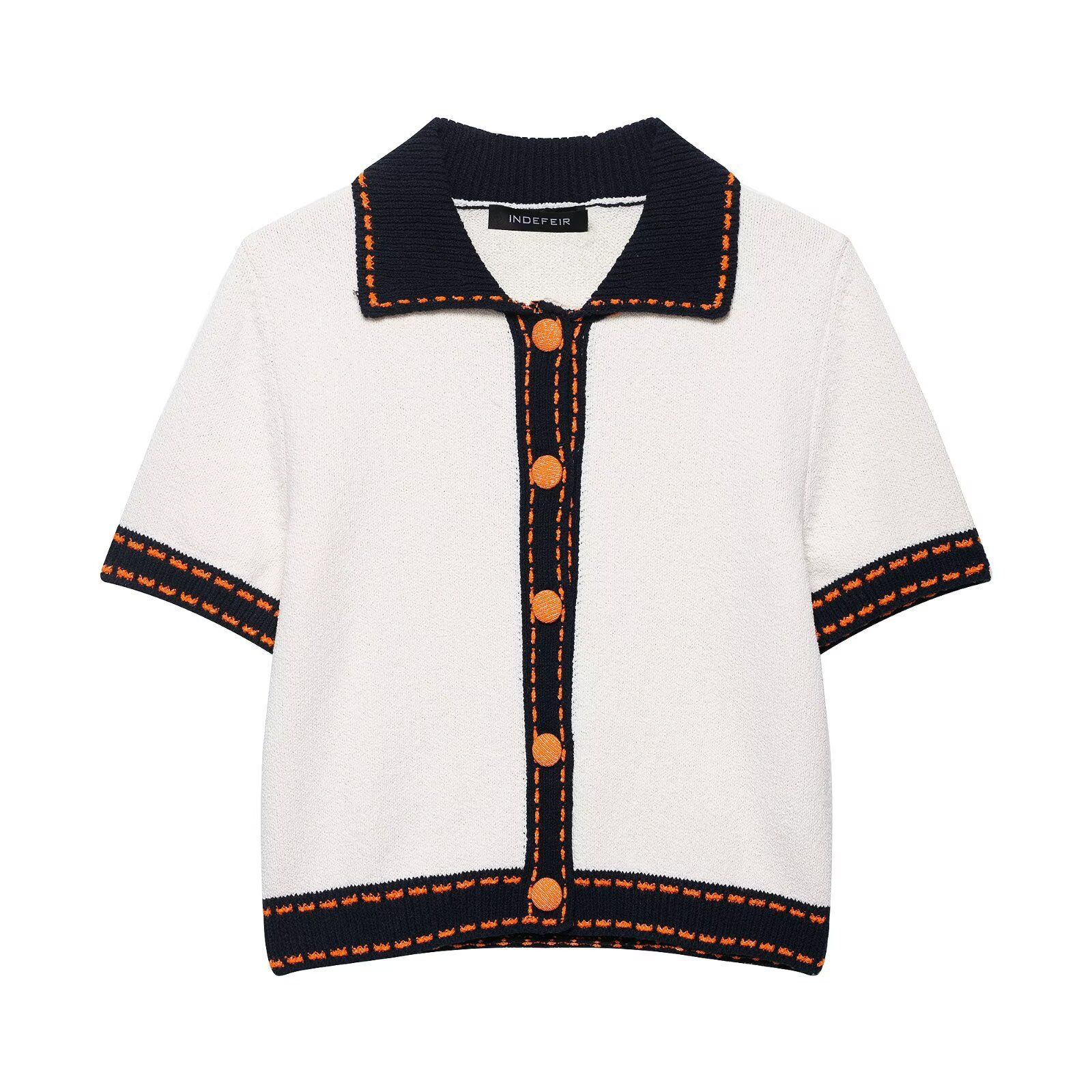 Knit Cardigan - Women's Short Sleeve Topstitched Knitwear KUN-00097