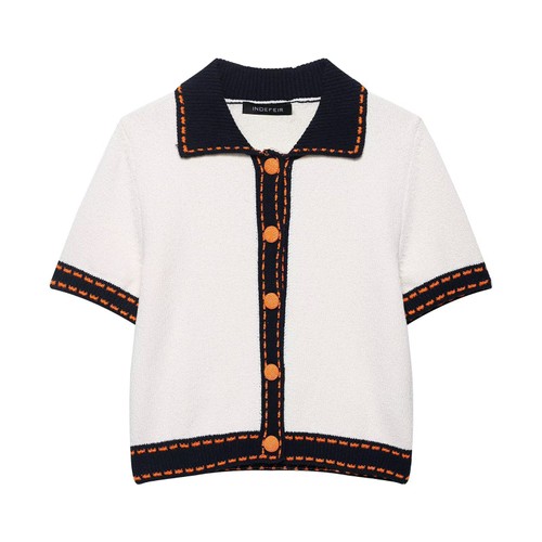 Knit Cardigan - Women's Short Sleeve Topstitched Knitwear KUN-00097