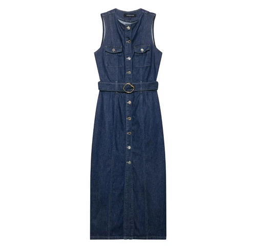 Denim Belted Dress - Women's European Style KUN-00157