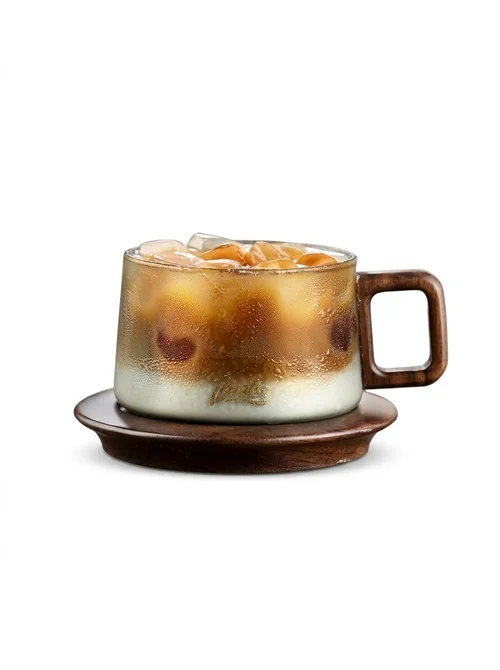 Bincoo Modern Glass Coffee Mug with Wood Handle & Coaster Set