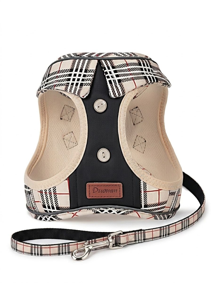 Stylish Plaid Dog Harness Leash & Bag Set - Reflective Pet Vest