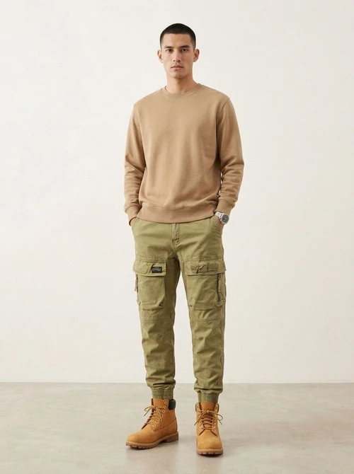 Vintage-Inspired Multi-Pocket Elastic Cuffed Men's Cargo Pants for Casual Sports Wear