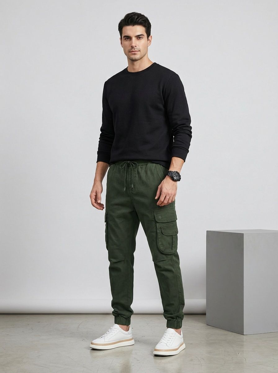 Relaxed Fit Stretch Multi-Pocket Men's Cargo Pants with Cuffed Ankle for Casual Wear