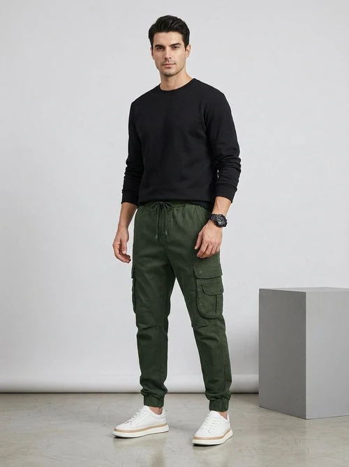 Relaxed Fit Stretch Multi-Pocket Men's Cargo Pants with Cuffed Ankle for Casual Wear