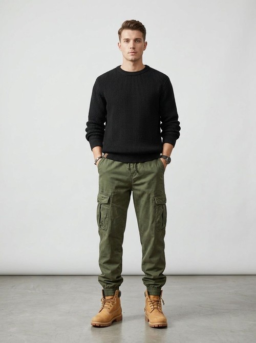 Loose Fit Multi-Pocket Men's Cargo Pants with Cuffed Ankle for Outdoor Streetwear