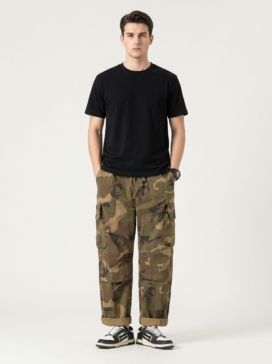 Wide-Leg Vintage Camouflage Men's Cargo Pants for Casual Spring Wear