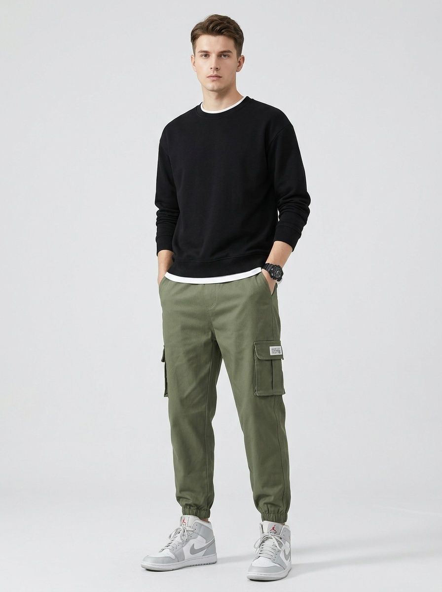 Pantaloni cargo da uomo elasticizzati, vintage, con multitasche, ideali per il tempo libero all'aperto.