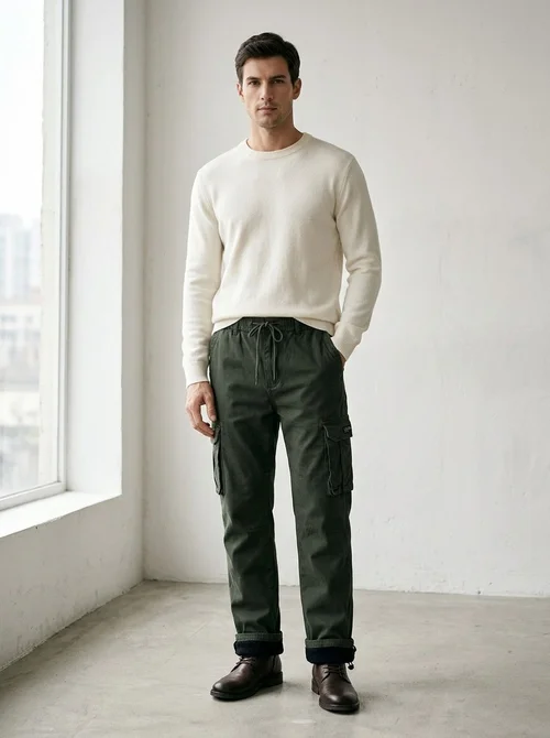 Fleece-Lined Vintage Multi-Pocket Men's Cargo Pants for Winter Casual Wear