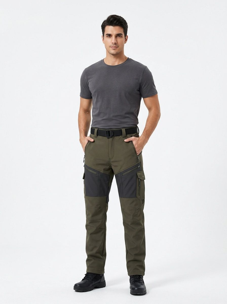 Vintage Multi-Pocket Men's Cargo Pants with Fleece Lining for Winter Outdoor Wear