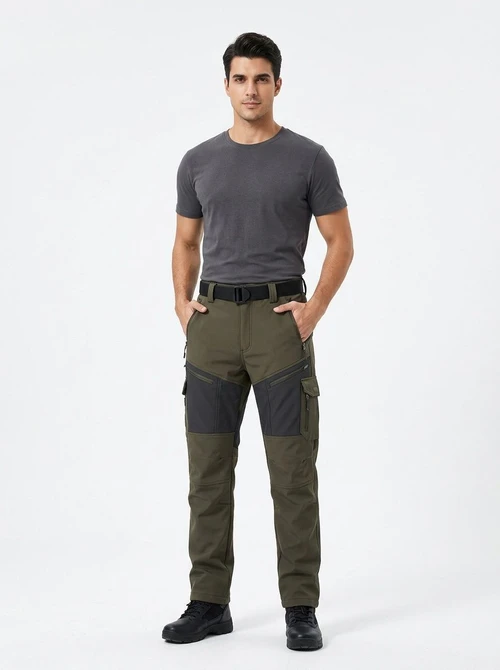 Vintage Multi-Pocket Men's Cargo Pants with Fleece Lining for Winter Outdoor Wear