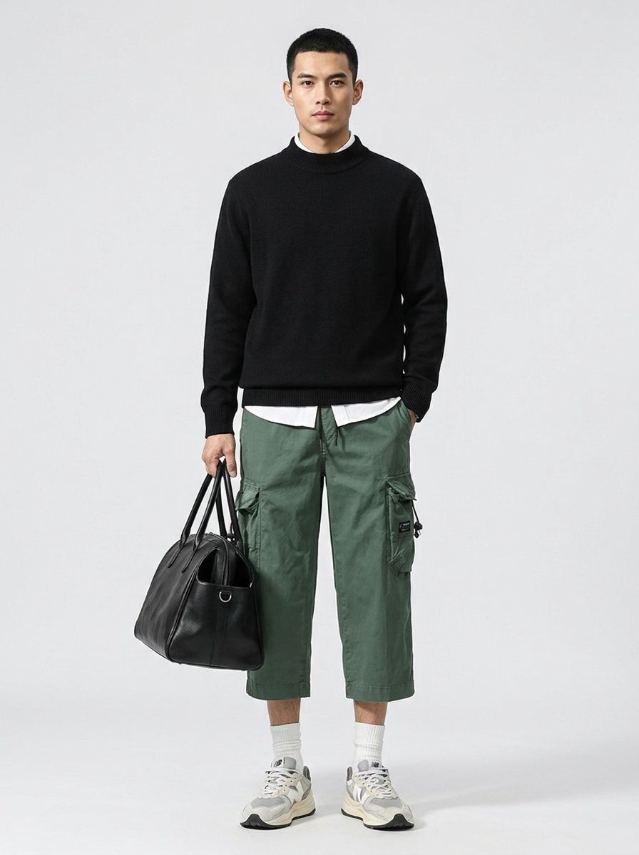 Straight Leg Loose Fit Cropped Men's Cargo Pants for Casual Athletic Wear