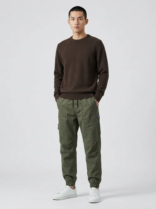 Vintage Fleece-Lined Large Pocket Stretch Men's Cargo Pants for Winter Casual Wear