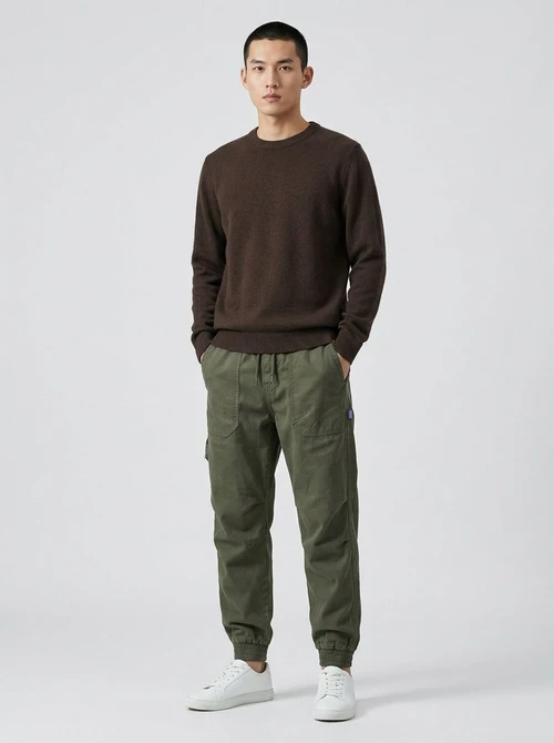 Vintage Fleece-Lined Large Pocket Stretch Men's Cargo Pants for Winter Casual Wear