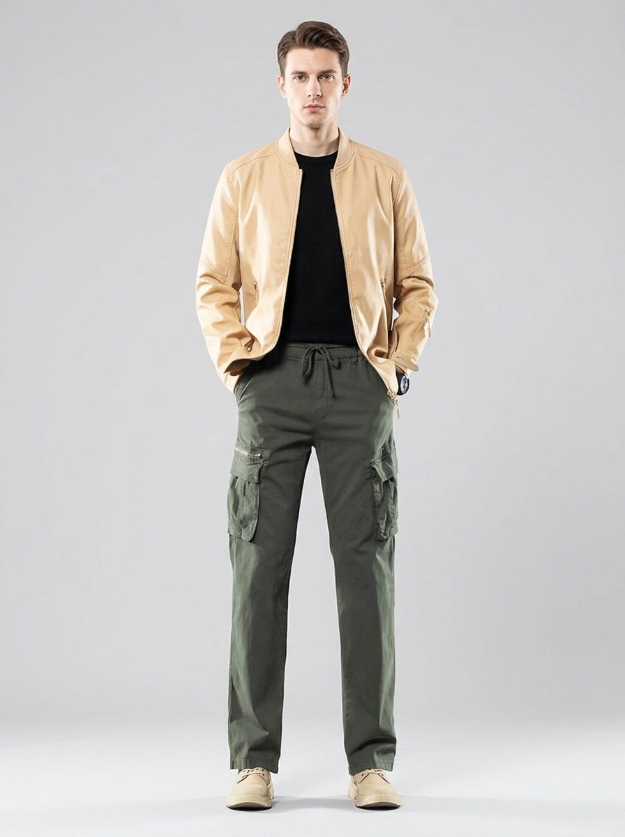 Straight Leg Stretch Multi-Pocket Men's Cargo Pants with Zipper Detail for Casual Wear