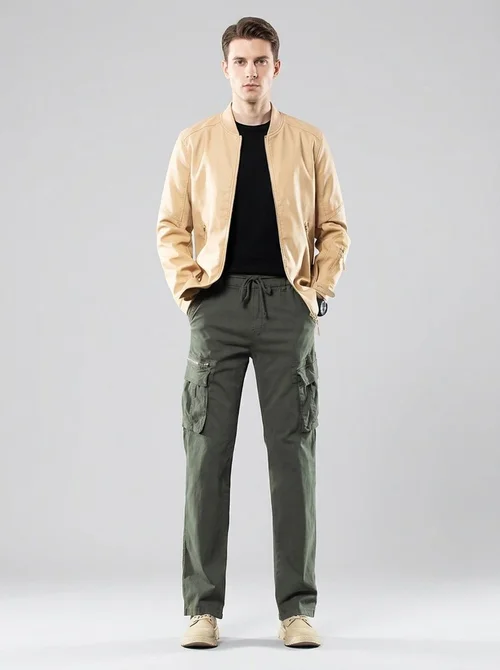 Straight Leg Stretch Multi-Pocket Men's Cargo Pants with Zipper Detail for Casual Wear