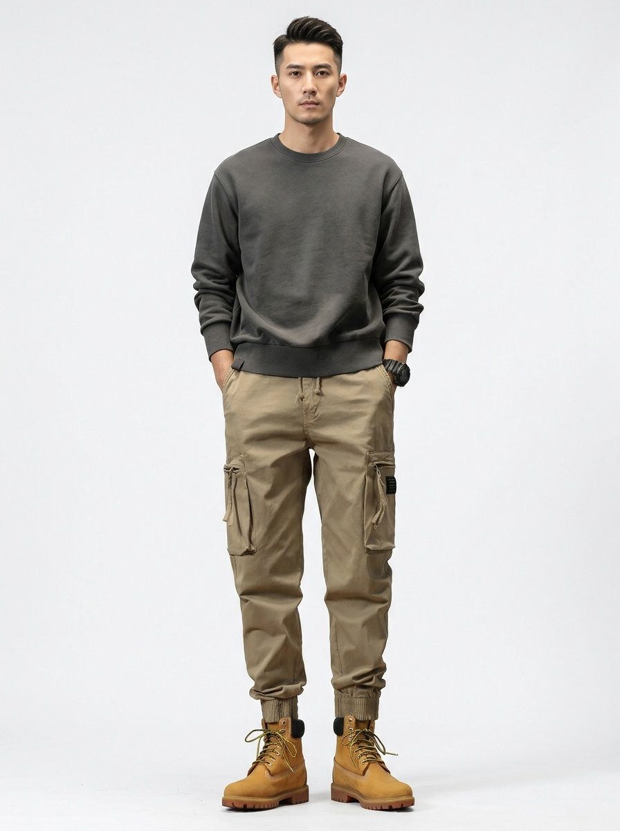 Vintage Relaxed Fit Elastic Waist Men's Cargo Pants for Outdoor Athletic Wear