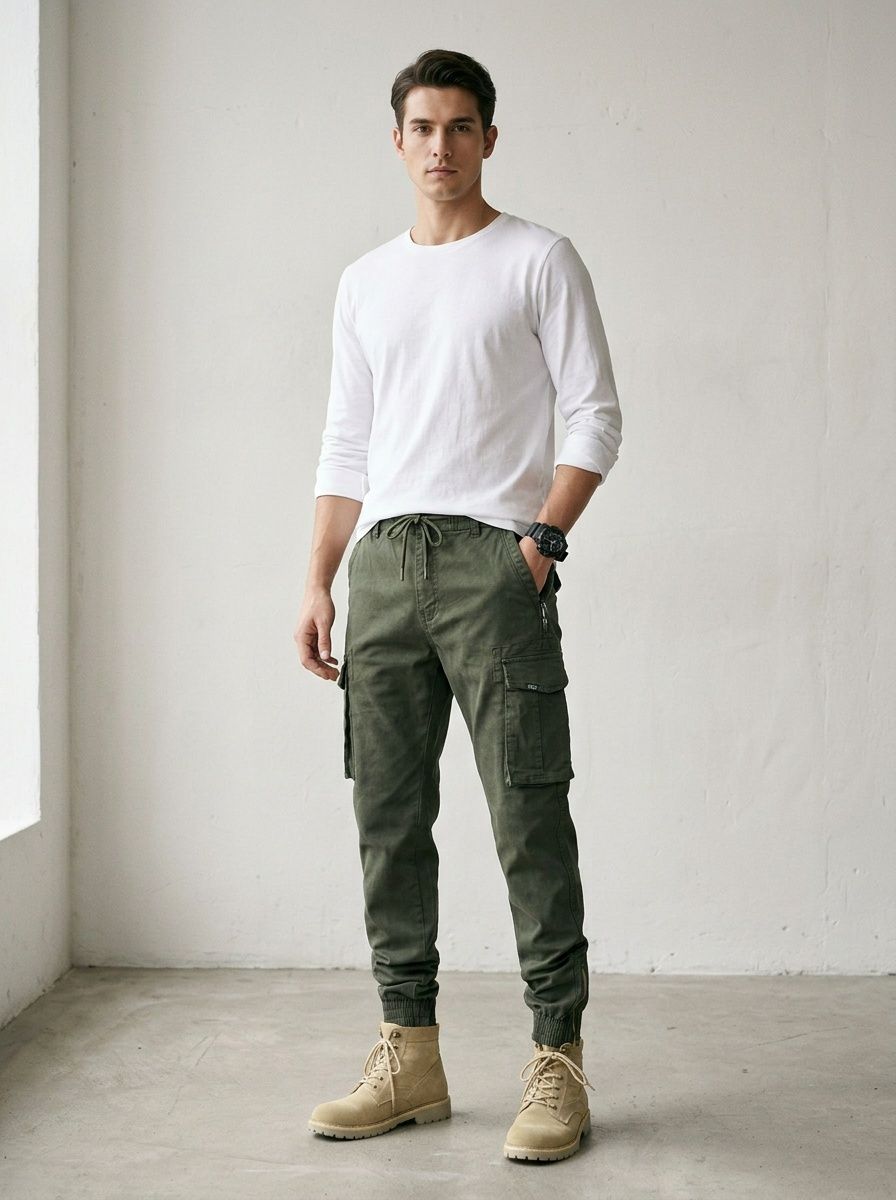 Pantalones cargo elásticos con puños de inspiración vintage para hombre, ideales para uso informal al aire libre.