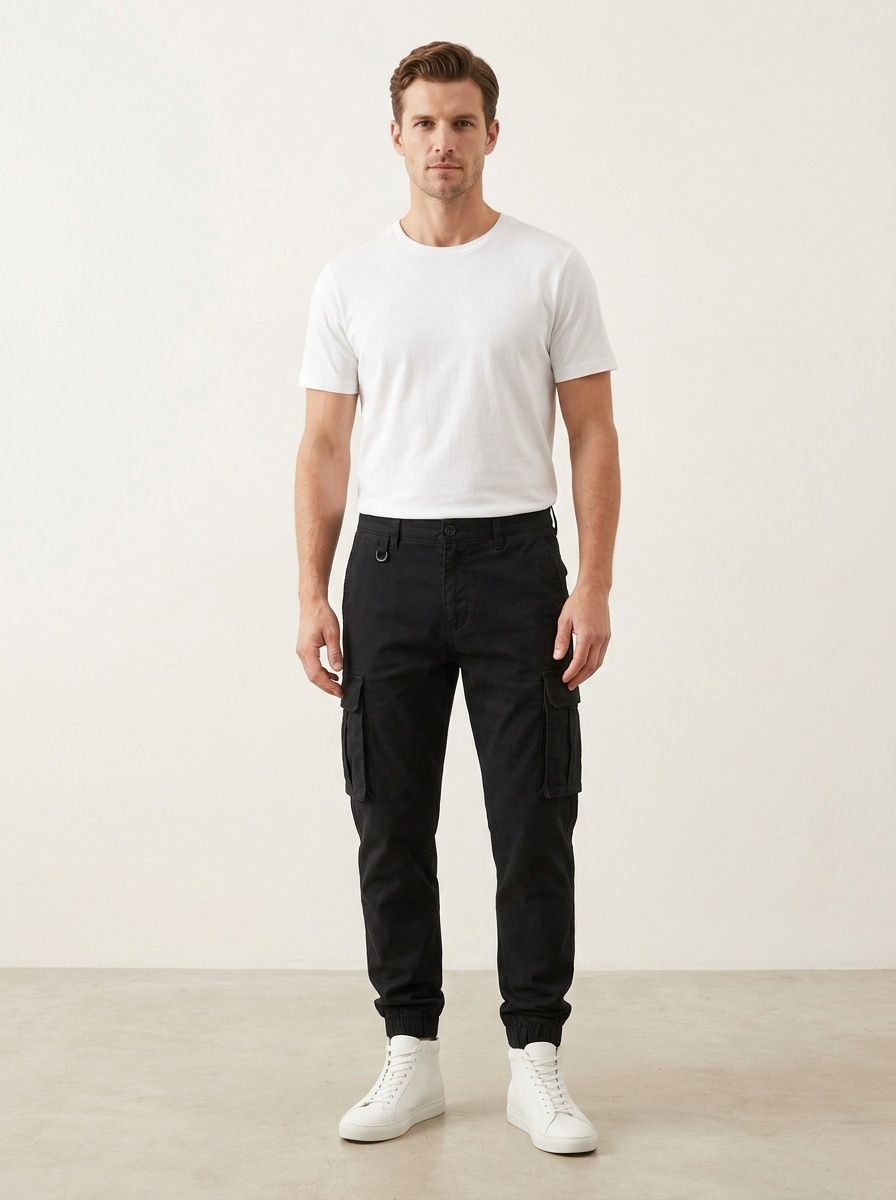 Pantalones cargo elásticos con puños de inspiración vintage para hombre, ideales para uso informal al aire libre.
