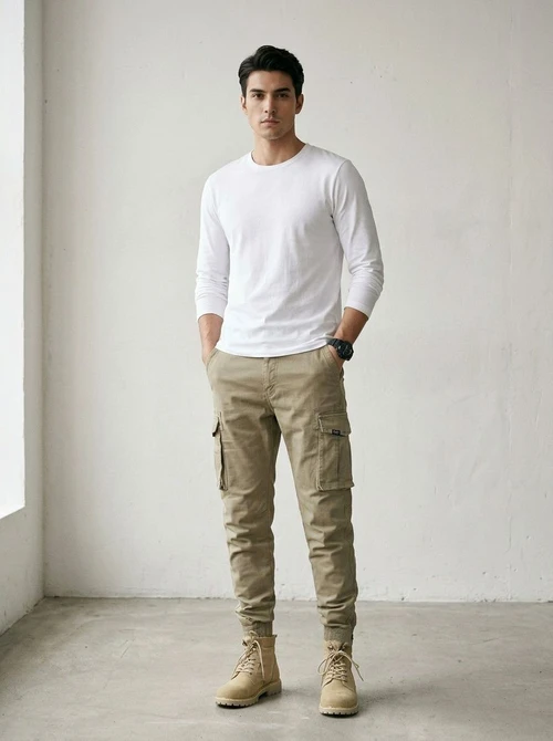 Stretch Fit Vintage-Inspired Cuffed Men's Cargo Pants for Casual Outdoor Wear