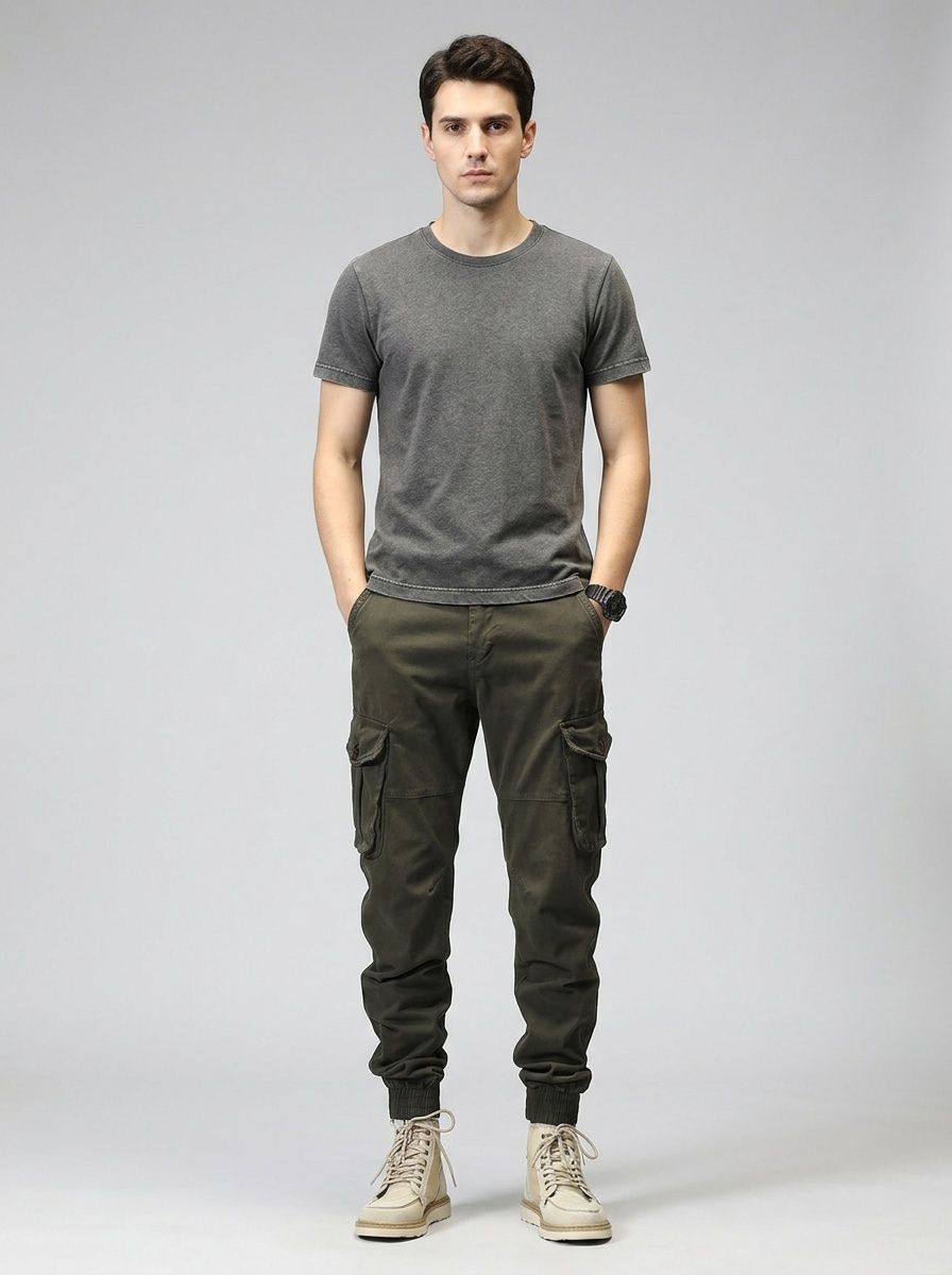 Stretch Fit Cuffed Multi-Pocket Men's Cargo Pants for Outdoor Casual Wear