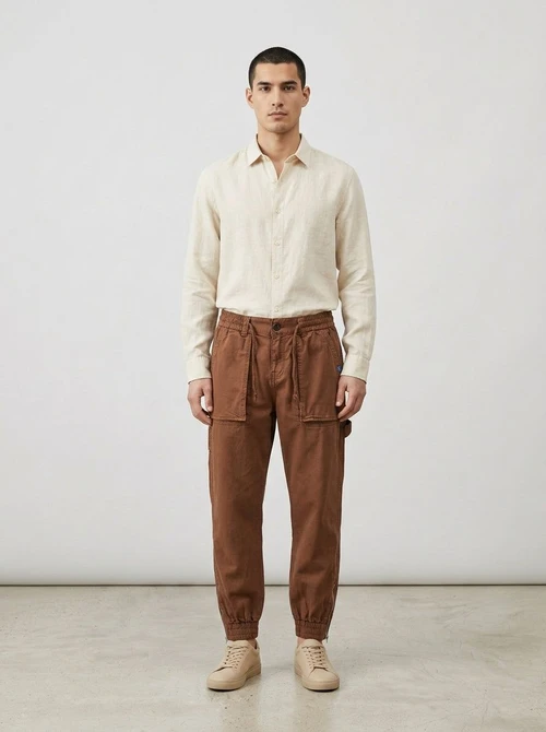 Pantalones cargo cónicos funcionales de estilo vintage para hombre, ideales para uso informal al aire libre.