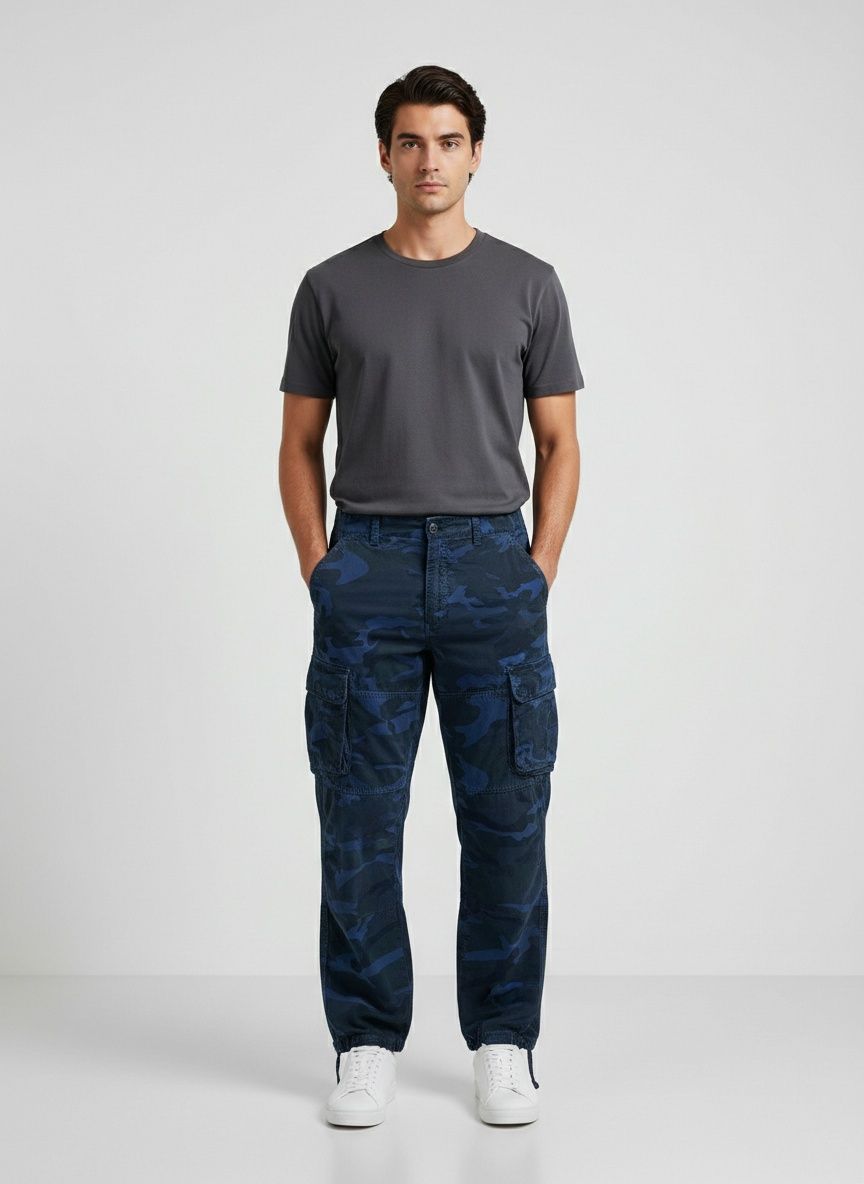 Relaxed Fit Wide-Leg Camouflage Men's Cargo Trousers