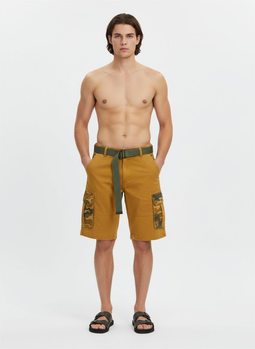 Loose Fit Camouflage Belted Men's Cargo Shorts for Casual Wear With Belt