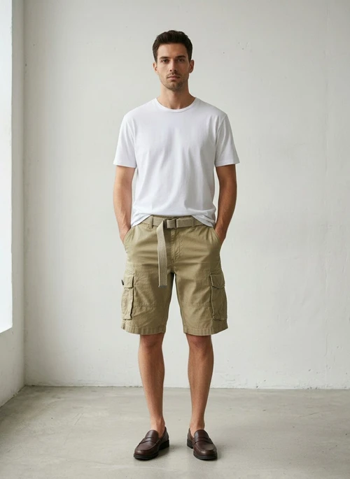 Multi-Pocket Zipper Detail Men's Cargo Shorts for Summer Casual Wear (Belt Not Included)