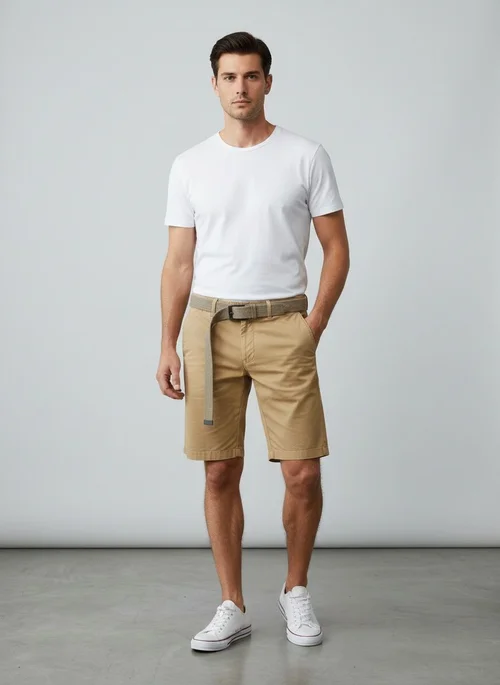 Striped Vintage Elastic Men's Cargo Shorts for Summer Casual Wear (Belt Not Included)
