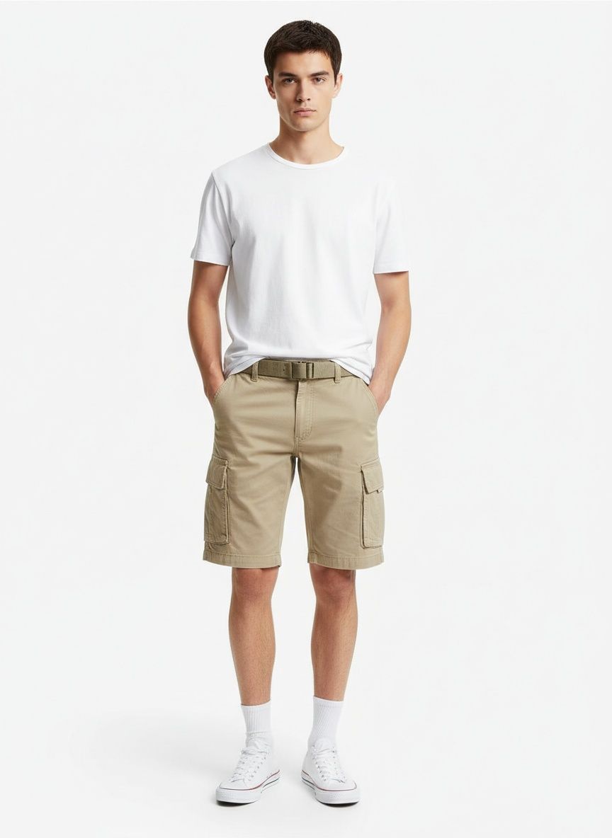 Breathable Mid-Rise Multi-Pocket Men's Shorts for Summer Casual Wear (Belt Not Included)