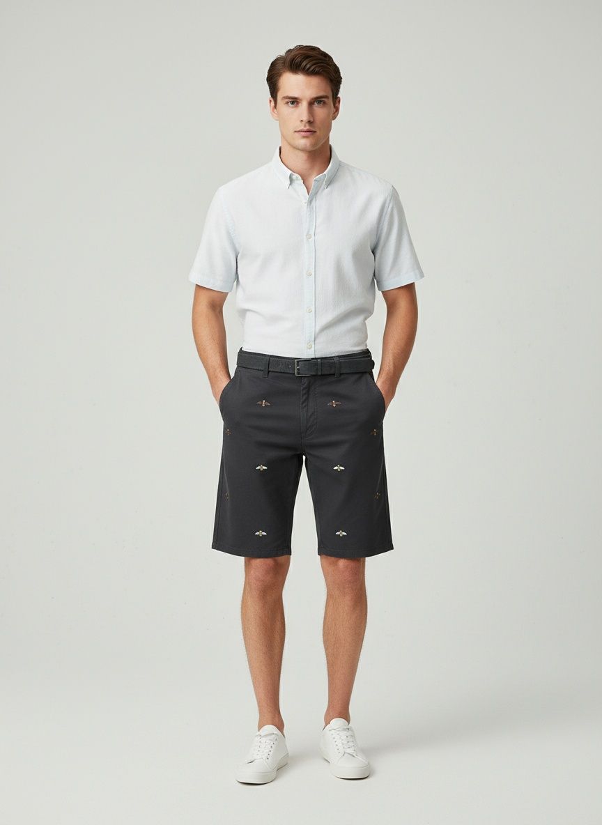 Vintage Embroidered Relaxed Fit Men's Cargo Shorts for Casual Wear (Belt Not Included)