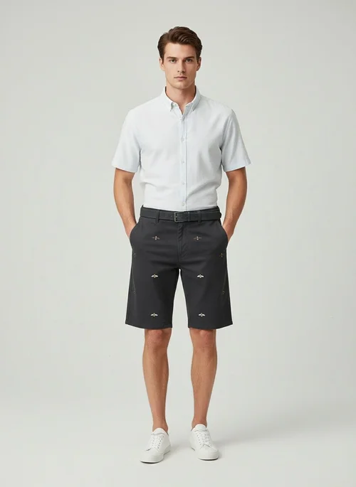 Vintage Embroidered Relaxed Fit Men's Cargo Shorts for Casual Wear (Belt Not Included)