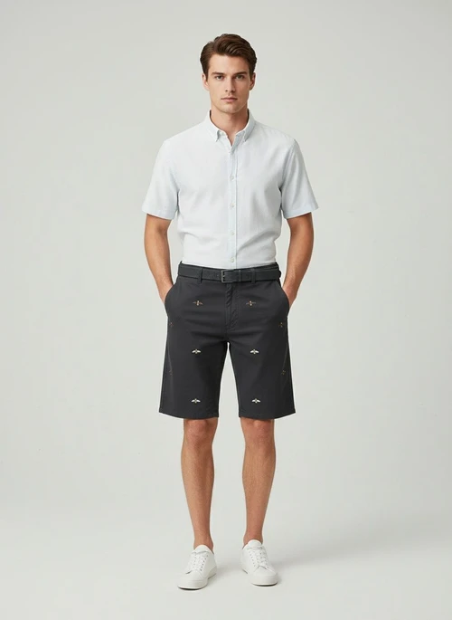 Vintage Embroidered Relaxed Fit Men's Cargo Shorts for Casual Wear (Belt Not Included)